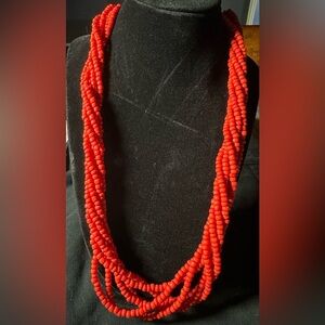 Vintage 6 Strand Red Bead Necklace with Silver Toned Column Closure